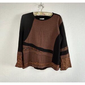 Xiao Womens Medium Brown Black Tencel Rayon Jacquard Top Art To Wear Long Sleeve